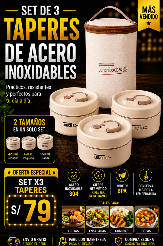 SET DE TAPERES ACERO INOXIDABLE + LONCHERA ISOTÉRMICA