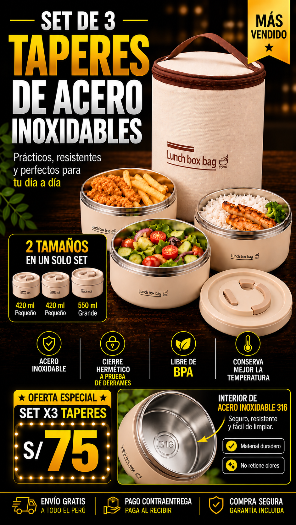 SET DE TAPERS DE ACERO INOXIDABLE + LONCHERA ISOTÉRMICA