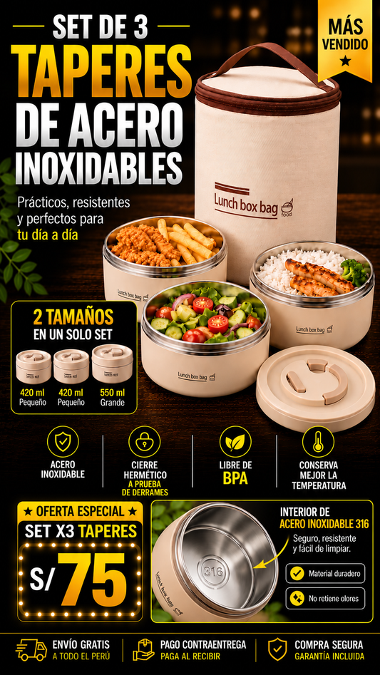 SET DE TAPERS DE ACERO INOXIDABLE + LONCHERA ISOTÉRMICA