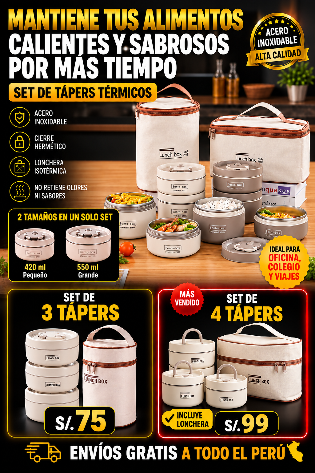 SET DE TAPERES ACERO INOXIDABLE + LONCHERA ISOTÉRMICA