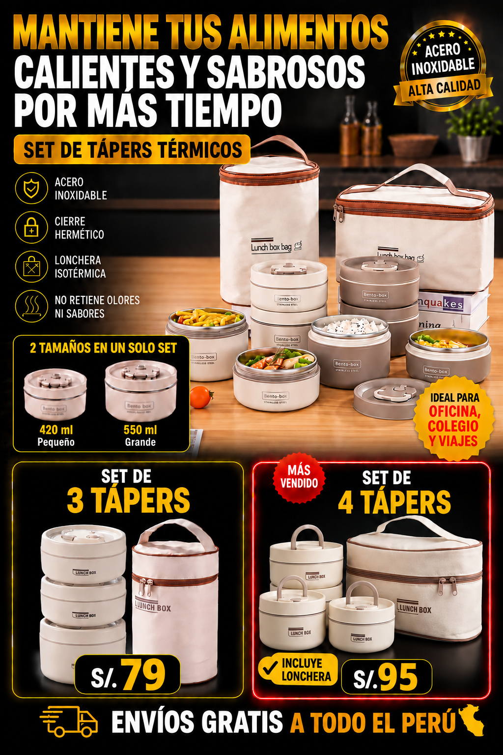 SET DE TAPERES ACERO INOXIDABLE + LONCHERA ISOTÉRMICA